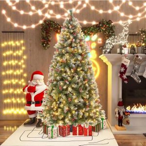 Gymax 6.5 FT Pre-Lit Christmas Tree Artificial Hinged Christmas Tree w / 420 Warm-White LED Lights & 909 Branch Tips Green