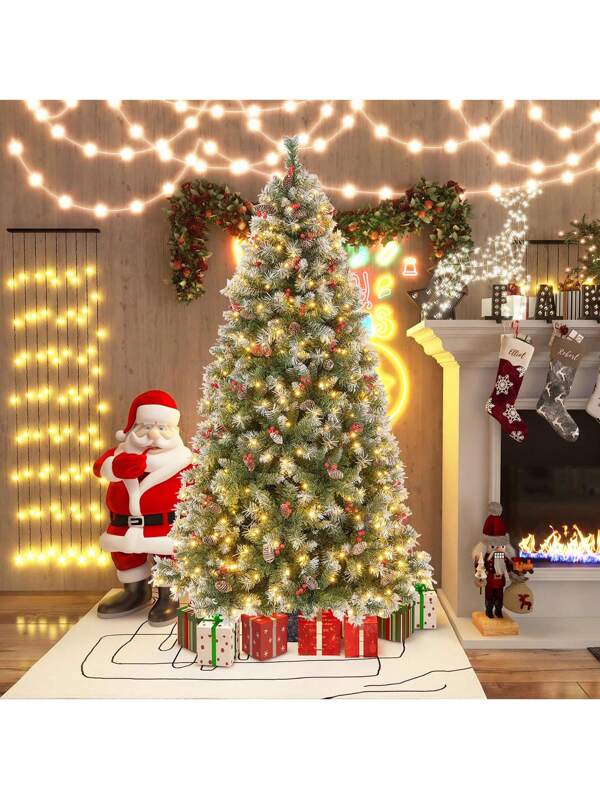 Gymax 6.5 FT Pre-Lit Christmas Tree Artificial Hinged Christmas Tree w / 420 Warm-White LED Lights & 909 Branch Tips Green