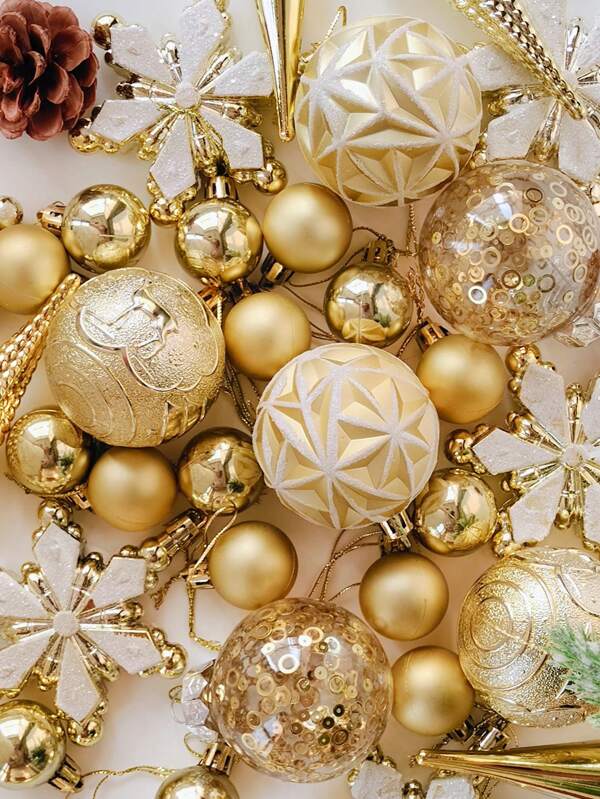 40pcs Gold Christmas Balls, Christmas Tree Decorative Balls, Christmas Tree Ornaments, Christmas Decorations Set. Gold Creative Painted Christmas Balls For Party, Christmas Tree, Wreaths, And Christmas Decorations Gold