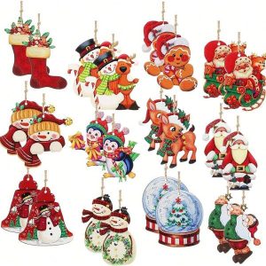 24pcs Wooden Christmas Decorations Set Farmhouse Style Christmas Hanging Ornaments For Xmas Tree, Vintage Santa Claus & Snowman, Pendant For Home Party Red