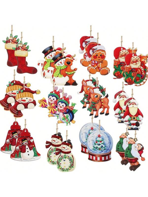 24pcs Wooden Christmas Decorations Set Farmhouse Style Christmas Hanging Ornaments For Xmas Tree, Vintage Santa Claus & Snowman, Pendant For Home Party Red