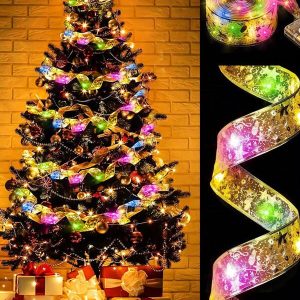 1m/3m/5m/10m LED Christmas Decoration String Lights, Copper Wire Fairy Light With Satin Ribbon, Christmas Tree Bow Garland Gold (colored light)