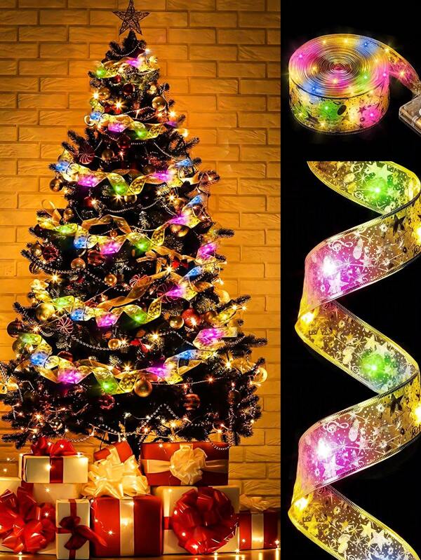 1m/3m/5m/10m LED Christmas Decoration String Lights, Copper Wire Fairy Light With Satin Ribbon, Christmas Tree Bow Garland Gold (colored light)