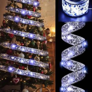 1m/3m/5m/10m Christmas Decorations LED Light String, Silver Wire Ribbon With White Lights, Christmas Tree Satin Ribbon Bow Lights Silver (white light)