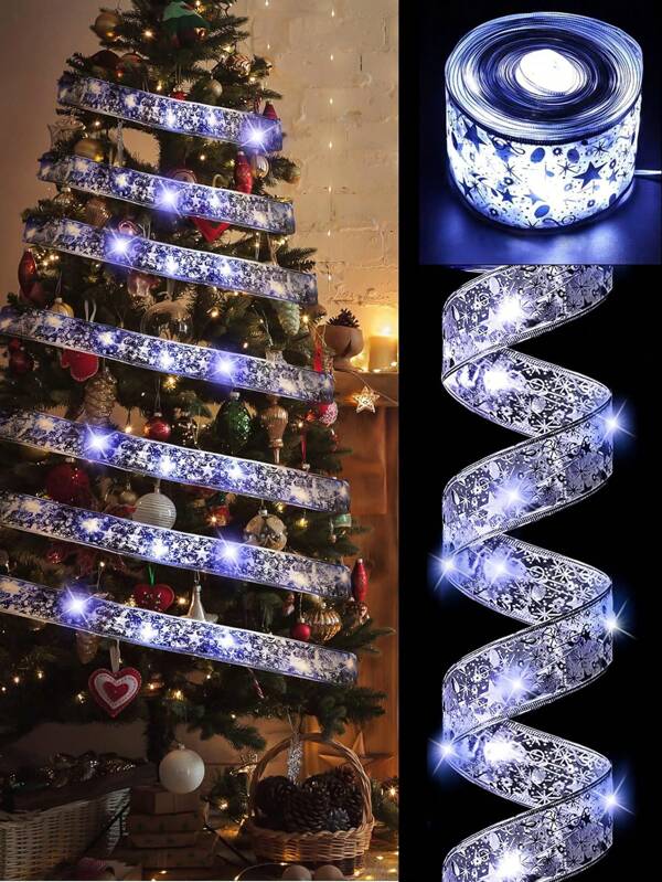 1m/3m/5m/10m Christmas Decorations LED Light String, Silver Wire Ribbon With White Lights, Christmas Tree Satin Ribbon Bow Lights Silver (white light)