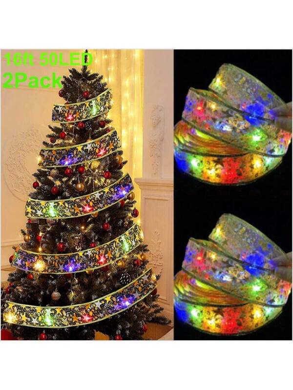 2pcss 16FT 50 LED Christmas Ribbon Lights Layer Fairy Lights Christmas Tree DEcoor Multicolor