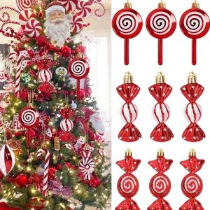 6/12Pcs Christmas Candy Ornaments Candy Cane Christmas Tree Glitter Hanging Ornaments Plastic Peppermint Candy Swirl Decorations For Christmas Tree Home Party Favor Supplies Red