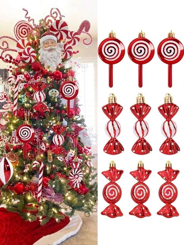 6/12Pcs Christmas Candy Ornaments Candy Cane Christmas Tree Glitter Hanging Ornaments Plastic Peppermint Candy Swirl Decorations For Christmas Tree Home Party Favor Supplies Red