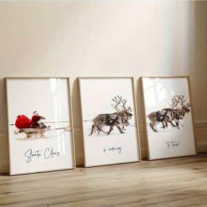 3pcs Set Frameless Canvas Poster Print Santa Claus Is Coming To Town Christmas Wall Art Painting For Living Room Bedroom Holiday Decor Xmas Gift Home Decor Grey