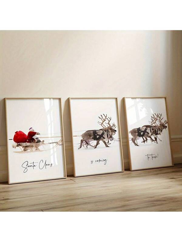 3pcs Set Frameless Canvas Poster Print Santa Claus Is Coming To Town Christmas Wall Art Painting For Living Room Bedroom Holiday Decor Xmas Gift Home Decor Grey