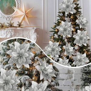 10Pcs/Set Flower Design Christmas Tree Decoration,Christmas Wreath Christmas Tree Flowers Ornaments, For Xmas Party,Wedding,Suitable For Christmas Tree Decoration And Holiday Party Decoration Silver