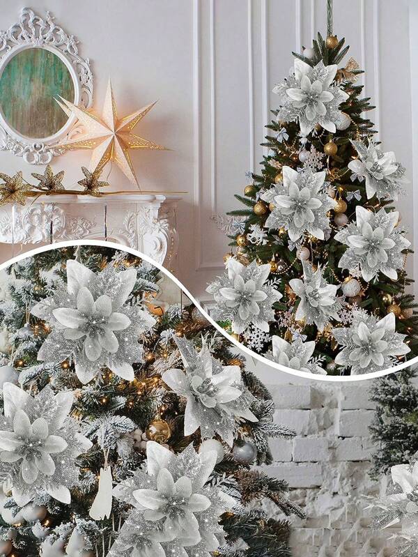 10Pcs/Set Flower Design Christmas Tree Decoration,Christmas Wreath Christmas Tree Flowers Ornaments, For Xmas Party,Wedding,Suitable For Christmas Tree Decoration And Holiday Party Decoration Silver