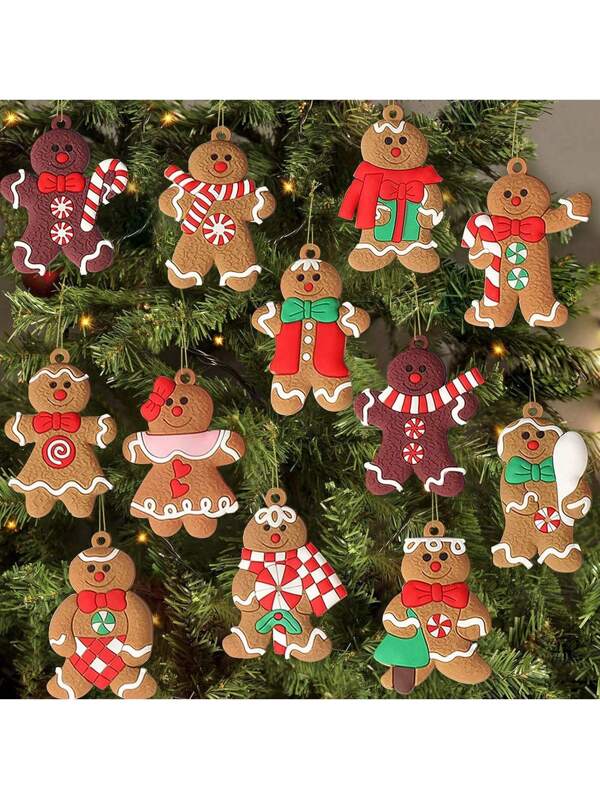 12pcs Gingerbread Man Christmas Tree Ornaments Assorted Plastic Gingerbread Figurine Christmas Tree Hanging Decorations, 3 Inches Tall Two-tone Style