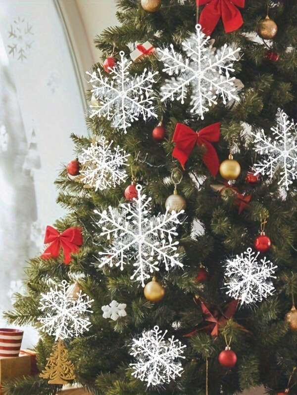 30Pcs Christmas Tree Snowflakes Decoration Atmosphere Snowflake Xmas Tree Hanging Ornaments New Year Party Supplies,Christmas White