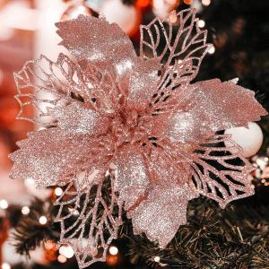 1pc/5pcs/10pcs/20pcs Poinsettia Flashing Lights, Christmas Tree Decor & Wreath Flowers, Diameter 3.5in/5.9in/9.45in With Clips, Christmas Holiday Decorations, New Year Party Supplies (Color: Rose Gold),Christmas Rose Gold