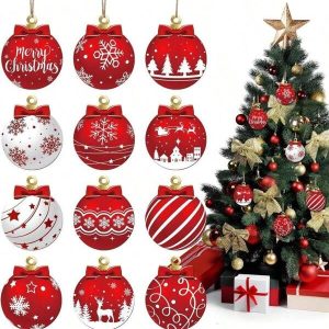 12pcs/36pc Christmas Ball Pendant Wooden Pendant Christmas Decoration Home Decoration Decoration Decoration Family Atmosphere Christmas Tree Decoration Pendant, Party Decoration Supplies,Wooden Flat Hangings, Party Supplies Hangings Christmas, Thanksgiving, Harvest Festival, Easter, Home Hanging Party Decorations Wooden Pendant Christmas Decoration-christmas Tree Decoration