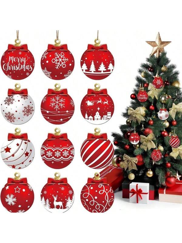 12pcs/36pc Christmas Ball Pendant Wooden Pendant Christmas Decoration Home Decoration Decoration Decoration Family Atmosphere Christmas Tree Decoration Pendant, Party Decoration Supplies,Wooden Flat Hangings, Party Supplies Hangings Christmas, Thanksgiving, Harvest Festival, Easter, Home Hanging Party Decorations Wooden Pendant Christmas Decoration-christmas Tree Decoration