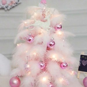 1pc Pink Christmas Tree 17.7in Tabletop Artificial Christmas Tree With Feathers & DIY With LED Decorating Kits For Christmas Decorations Home Decor Baby Pink