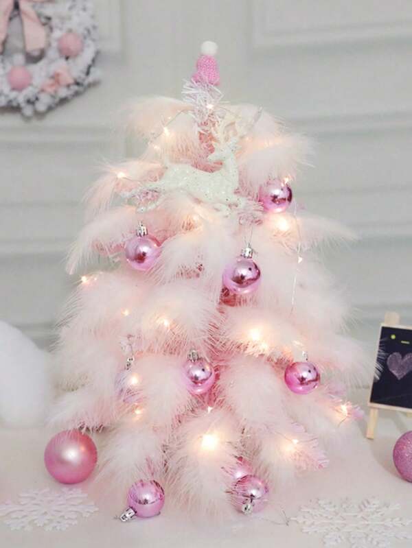 1pc Pink Christmas Tree 17.7in Tabletop Artificial Christmas Tree With Feathers & DIY With LED Decorating Kits For Christmas Decorations Home Decor Baby Pink