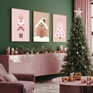 Set Of 3 Pink Christmas Prints Canvas Paintings Xmas Poster Seasonal Wall Art Nutcrackers Gingerbread House Christmas Decore Holiday Printable Unframed Multicolor