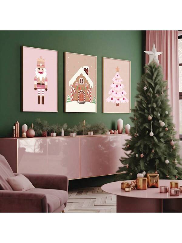 Set Of 3 Pink Christmas Prints Canvas Paintings Xmas Poster Seasonal Wall Art Nutcrackers Gingerbread House Christmas Decore Holiday Printable Unframed Multicolor