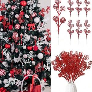 10Pcs Christmas Curly Tree Picks Sprays Twigs 12 Inch Decorative Candy Shape Sticks Glitter Artificial Stem Picks Ornaments For Wedding Xmas Tree Wreath Decor Vase Fillers Multicolor