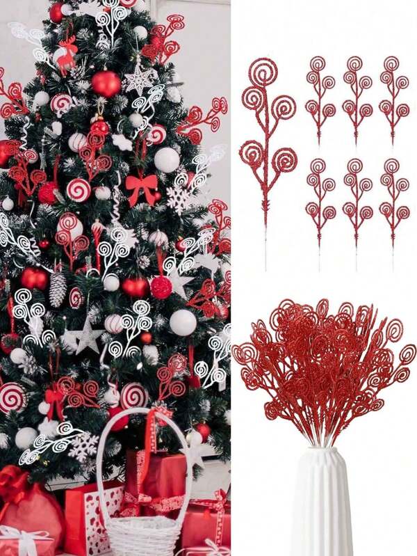 10Pcs Christmas Curly Tree Picks Sprays Twigs 12 Inch Decorative Candy Shape Sticks Glitter Artificial Stem Picks Ornaments For Wedding Xmas Tree Wreath Decor Vase Fillers Multicolor