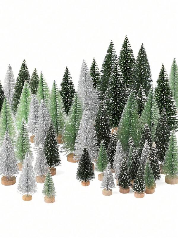 15pcs-Mini Artificial Christmas Cedar Trees With A Wooden Base, Christmas Decorations Mini Christmas Trees,Used For Christmas Decoration, Christmas Parties, Family Dining Tables, Desktop Decor,Craft Decoration, And Daily Furniture Decoration,Multicolor, Light Green, Green, Silver, For Festival, Green