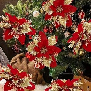 6pcs Artificial Red Poinsettia Flowers, Xmas Decoration Flowers, Suitable For Christmas Party And Christmas Tree Decoration Red