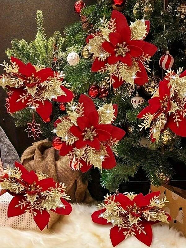 6pcs Artificial Red Poinsettia Flowers, Xmas Decoration Flowers, Suitable For Christmas Party And Christmas Tree Decoration Red