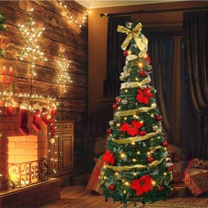 Lonabr 6ft Collapsible Christmas Tree, Pre-Decorated Xmas Tree With 200 Warm Lights, Pop Up Christmas Tree With Gold And Red Balls, Bows, Flowers For Home Party Holiday Decorations Green