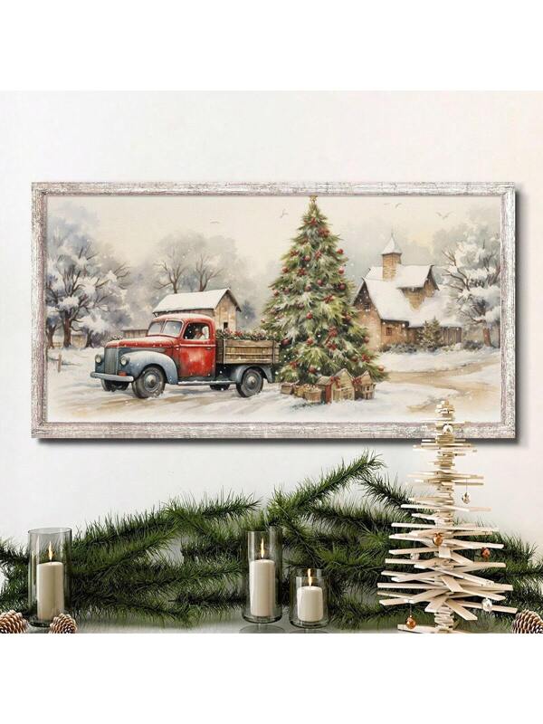 1pc Canvas Hanging Painting Christmas Wall Art Farmhouse Christmas Eve Sign, Rustic Vintage Christmas Wishes Winter Scene Painting Canvas Print Multicolor