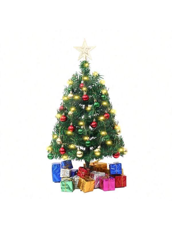 1pc Mini Christmas Tree With Lights Pre-Lit Tabletop Christmas Tree Artificial Christmas Tree With Gold Star Topper Christmas Baubles Gift Box Ornaments Small Lighted Christmas Tree Decorations,Warm Lights,Colourful Lights Multicolor