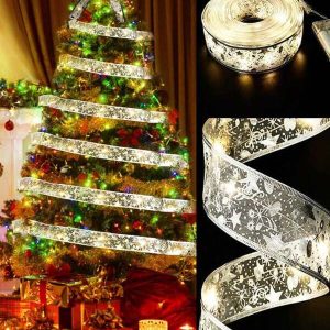 1 Meter/3 Meter/5 Meter Christmas Decoration LED Light Decoration Gold Ribbon, Battery Powered Ribbon Light String, Copper Wire Light Christmas Tree Silk Light Bow Light Strip, (Excluding Battery) Multicolor