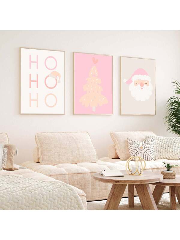 Set Of 3 Cute Christmas Prints Canvas Paintings Santa Claus Christmas Tree HOHOHO Quote Wall Art Pink Festive Holiday Decor Unframed Multicolor