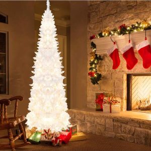 Homasis 7FT Pre-Lit Slim Pencil Christmas Tree Full Artificial Tree W/ LED Lights White