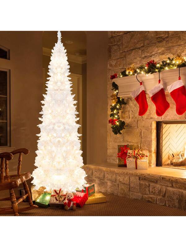 Homasis 7FT Pre-Lit Slim Pencil Christmas Tree Full Artificial Tree W/ LED Lights White