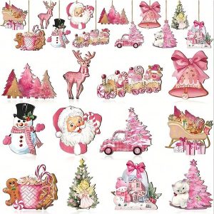 24pcs-Pink Wooden Christmas Ornaments - Santa Claus, Animals, Evergreens, Snowmen, Reindeers And Gingerbread Men Patterns With Hanging Rope, Suitable For Christmas Decorations, Christmas Trees, Yards, Parties And Garden Decoration(Styles Shipped Randomly),Christmas Multicolor