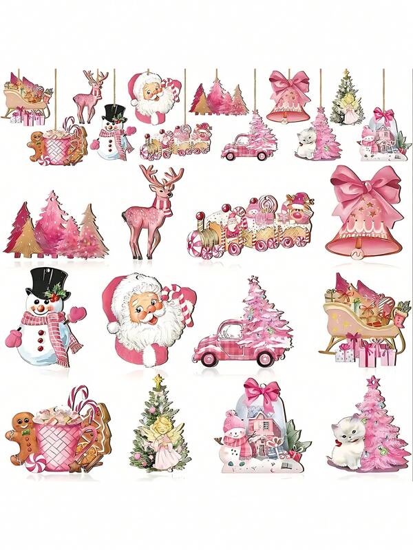 24pcs-Pink Wooden Christmas Ornaments - Santa Claus, Animals, Evergreens, Snowmen, Reindeers And Gingerbread Men Patterns With Hanging Rope, Suitable For Christmas Decorations, Christmas Trees, Yards, Parties And Garden Decoration(Styles Shipped Randomly),Christmas Multicolor