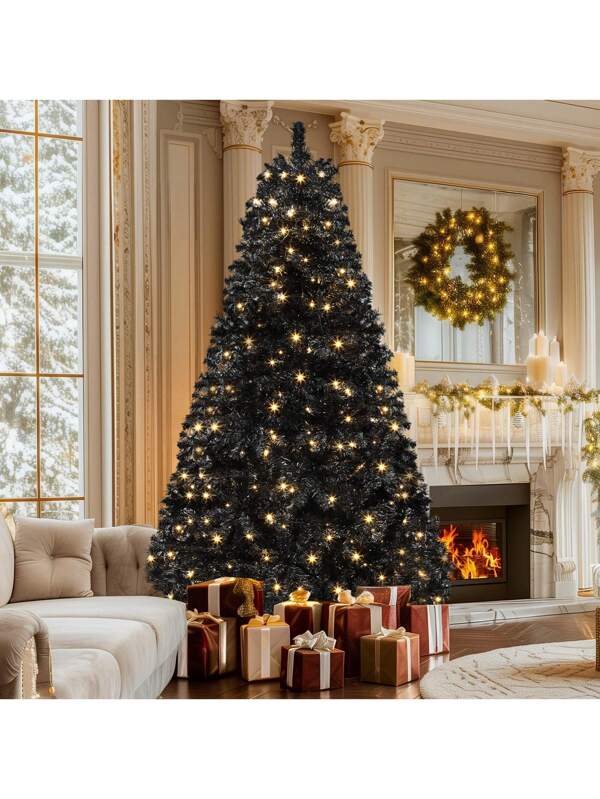 6ft Pre-Lit  Artificial Christmas Tree,Hinged Black Halloween Christmas Tree With 818 Branch Tips And 250 Lights, For Home, Office, And Holiday Party Decor,Black US A Type Plug(110-127V)