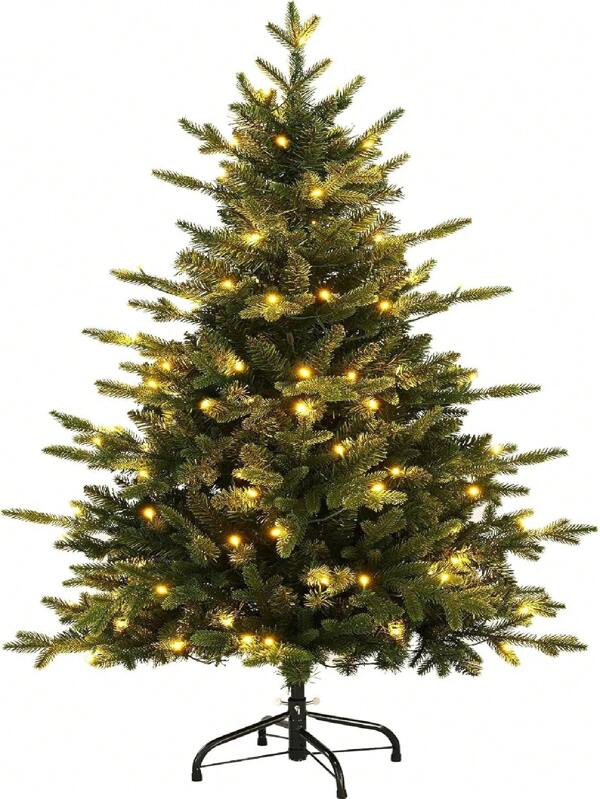 6/4ft Pre-Lit Artificial Christmas Tree With Warm White LED Lights, Realistic Green Spruce With PE & PVC Tips, Hinged Branches, Metal Stand, Easy Assembly, Indoor Xmas Tree For Holiday Decorations 4FT Green+warm-white Lights