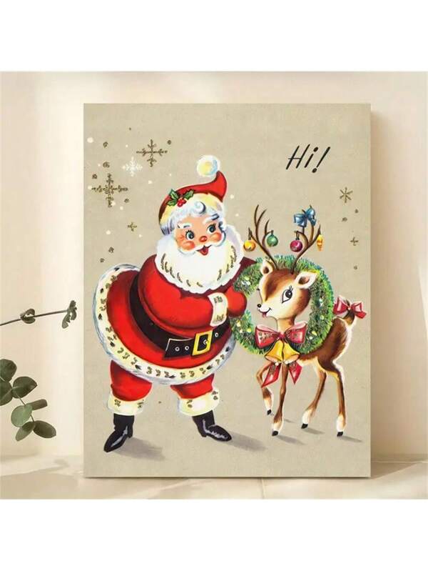 Vintage-Inspired Santa Claus And Reindeer Art Print Poster - Unique Ink On Canvas, Frameless, Retro Art Deco Style, Seasonal Wall Hanging For Home, Office, Living Room Decor - Fashionable, Festive, And Whimsical Holiday Decoration Multicolor