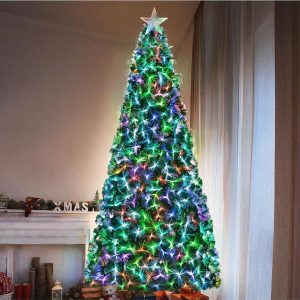 Pirecart 6/8/9/10ft Pre-Lit Optical Fiber Christmas Tree, Artificial Christmas Tree With Multicolor Changing Lights & Top Star, Fake Xmas Tree With Foldable Metal Stand US A Type Plug(110-127V)