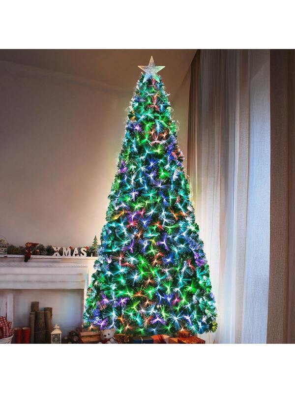 Pirecart 6/8/9/10ft Pre-Lit Optical Fiber Christmas Tree, Artificial Christmas Tree With Multicolor Changing Lights & Top Star, Fake Xmas Tree With Foldable Metal Stand US A Type Plug(110-127V)