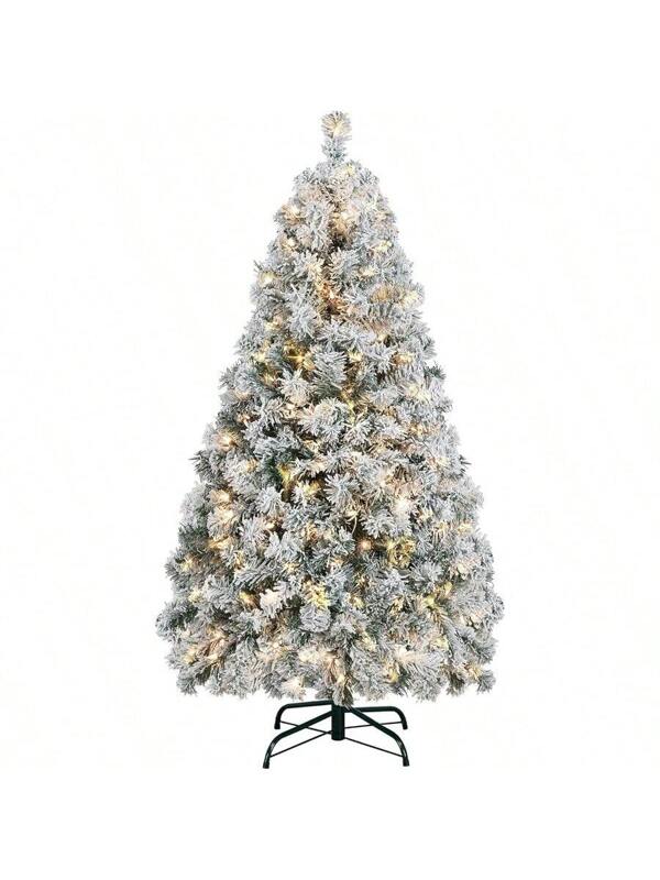 9ft Pre-Lit Artificial Christmas Tree With Incandescent Warm White Lights, Snow Flocked Full Prelighted Xmas Tree With 2084 Branch Tips, 900 Incandescent Lights & Foldable Stand, White White