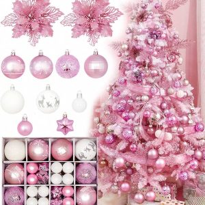 44pcs-Christmas Ball Ornaments Pink And White Christmas Ornaments Set And Christmas Flower For Christmas Tree Decoration Shatterproof Christmas Hanging Balls For Xmas Halloween Party Home Decor,Christmas Multicolor