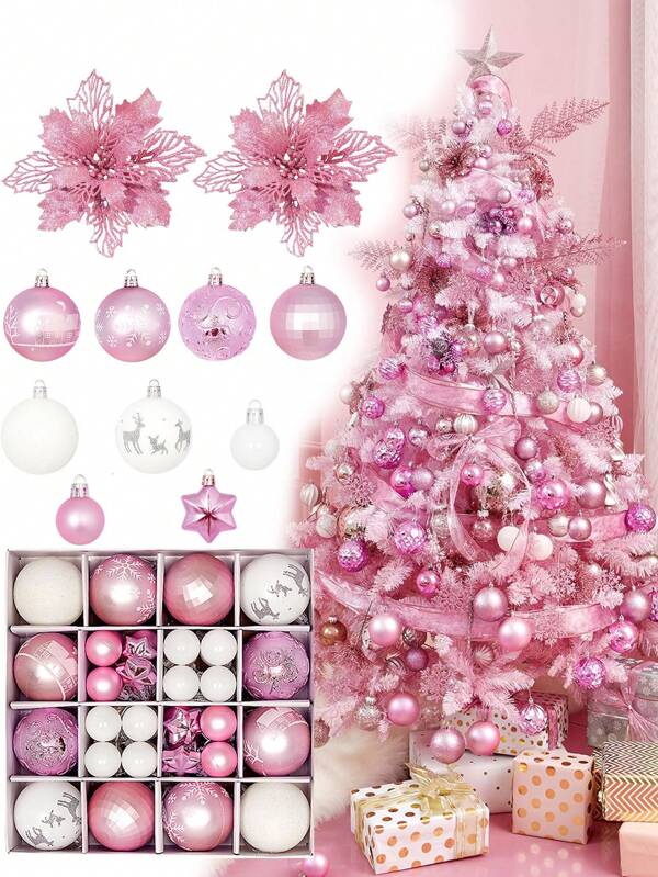 44pcs-Christmas Ball Ornaments Pink And White Christmas Ornaments Set And Christmas Flower For Christmas Tree Decoration Shatterproof Christmas Hanging Balls For Xmas Halloween Party Home Decor,Christmas Multicolor